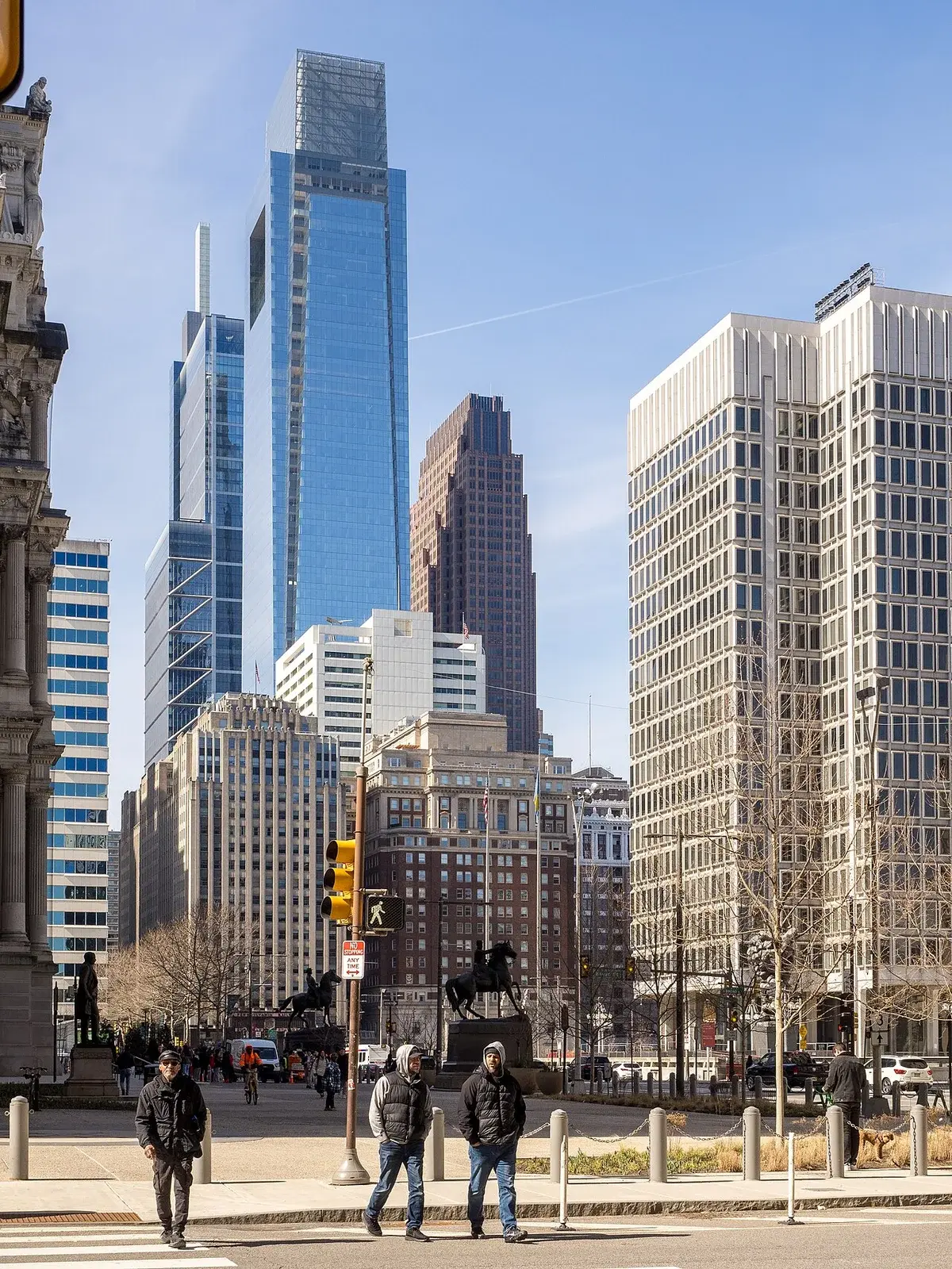Downtown Philadelphia skyline with the Comcast Center towering above nearby buildings.