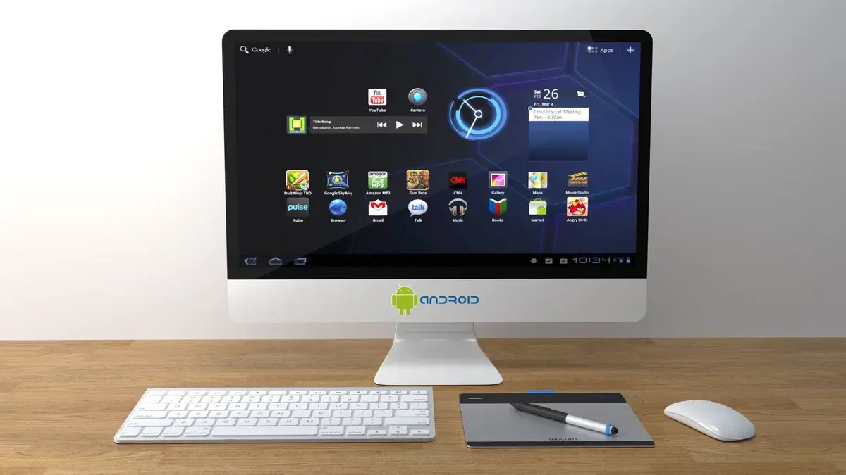 Desktop computer setup with Android interface, keyboard, mouse, and pen on a desk.