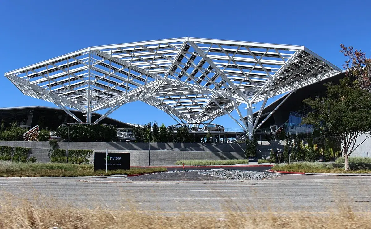 Nvidia headquarters entrance with a large white canopy in Santa Clara.