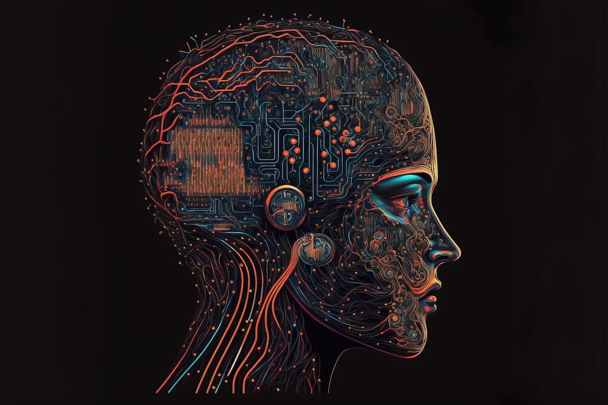 A futuristic humanoid robot head made of glowing circuit lines on a dark background.