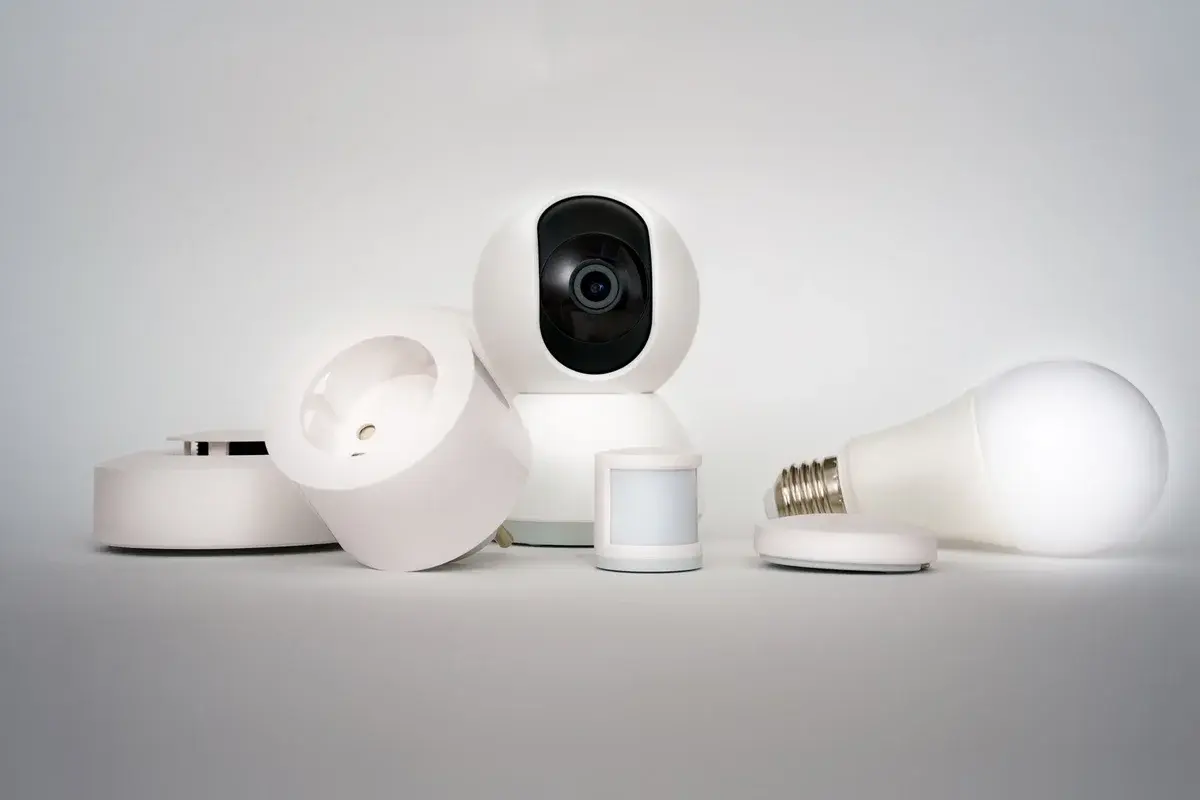Smart home devices arranged in a minimalist setup.