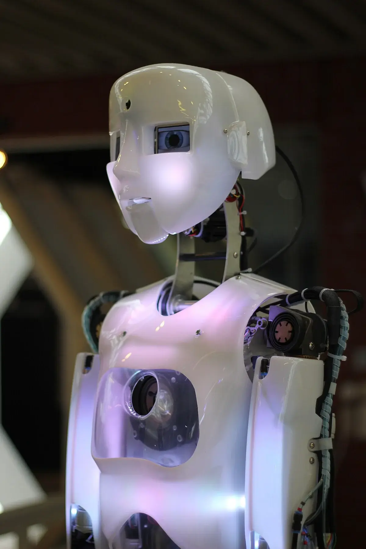 A humanoid robot displayed in an exhibition setting.