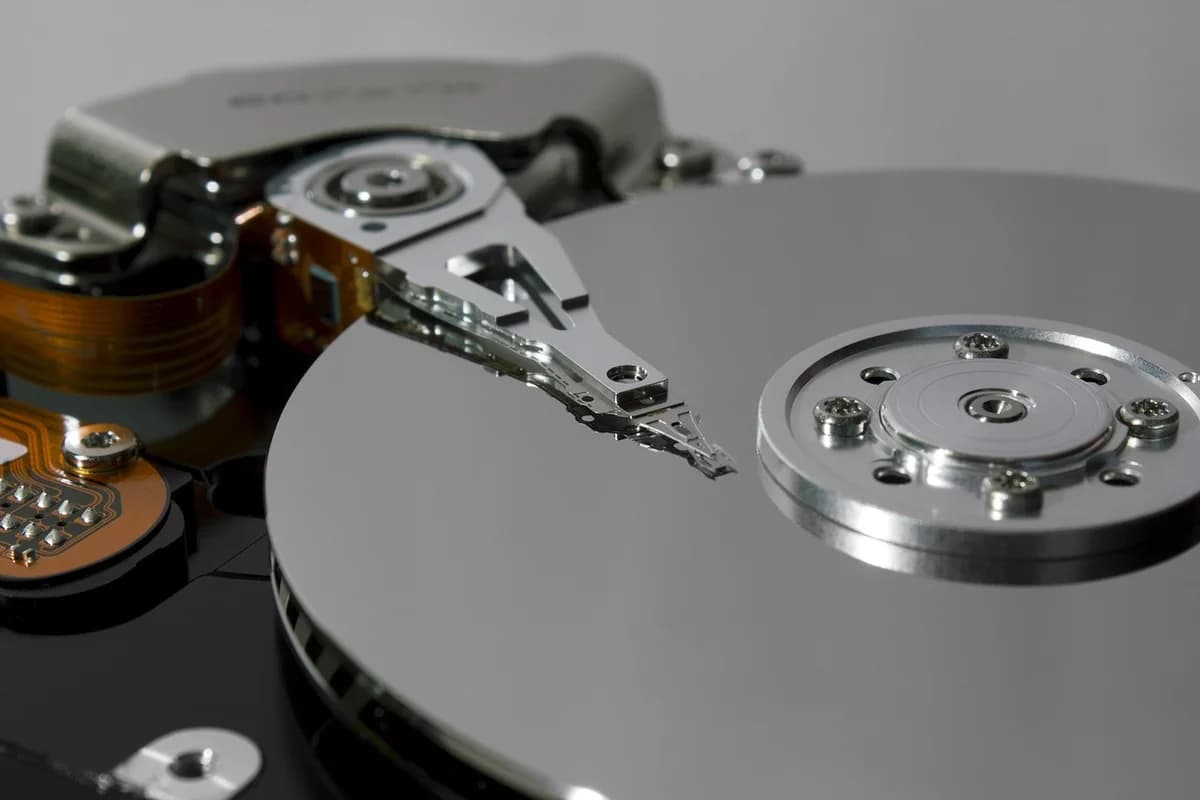 Close-up of the inside of a hard drive.