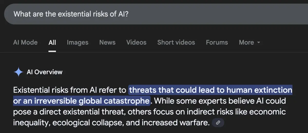 Google search screenshot with an AI Overview explaining the existential risks of AI.