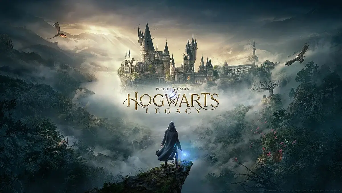 Promotional image for Hogwarts Legacy with Hogwarts castle and a cloaked figure.