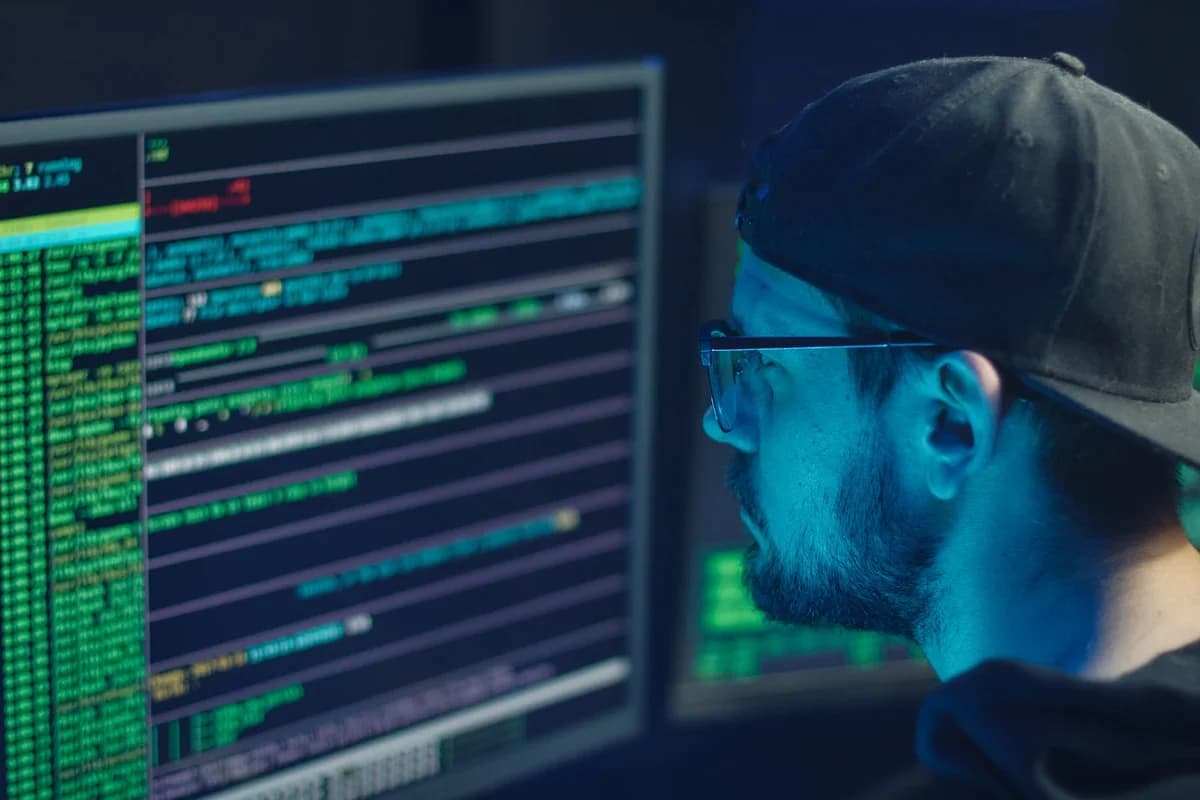 A person looking at code on multiple computer monitors in a dark office.