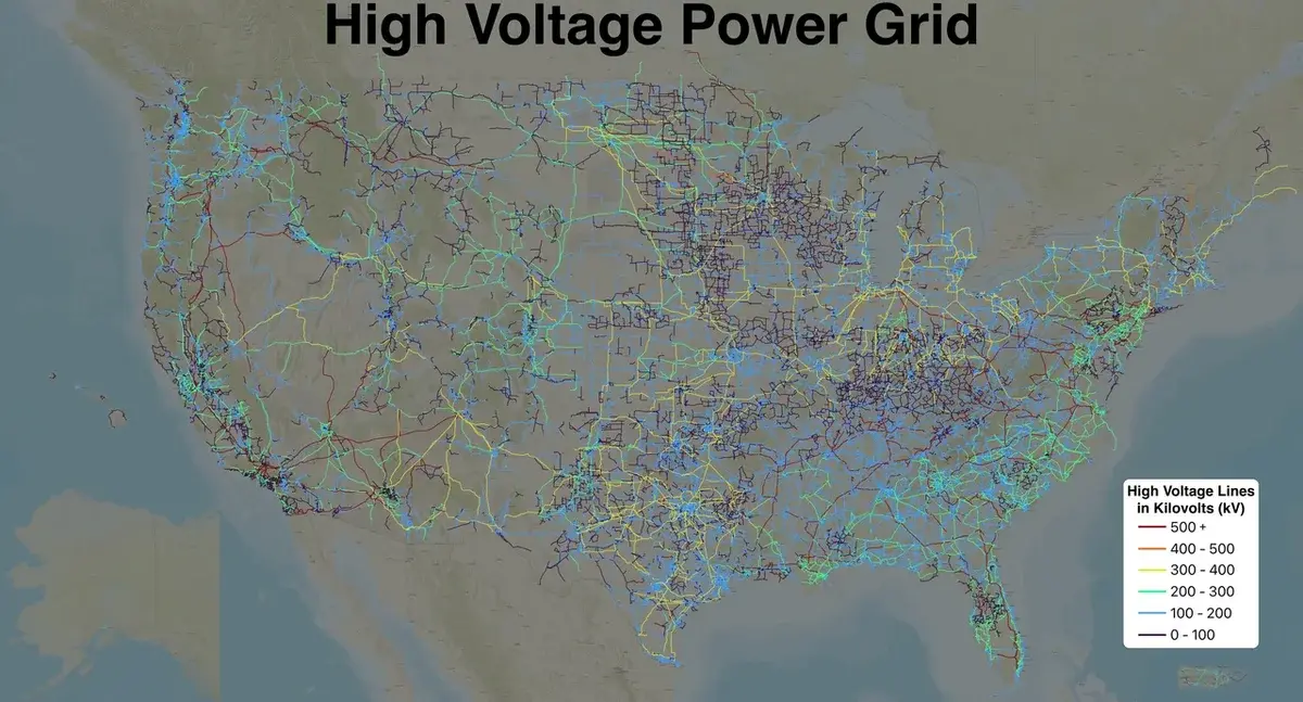 Map of the United States showing high-voltage power lines across the country.