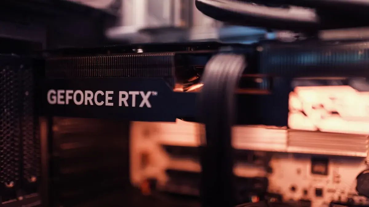Close-up of a GeForce RTX graphics card inside a desktop computer.
