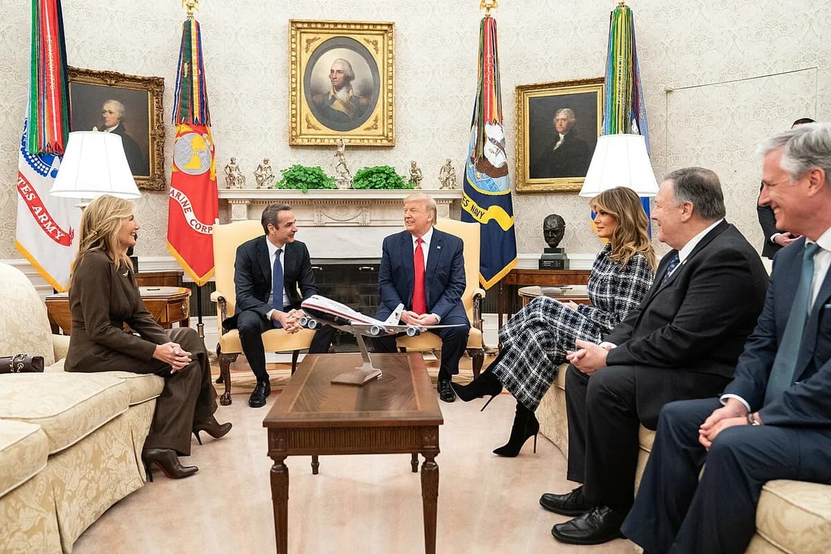 Donald Trump and Melania Trump meet with Greece’s prime minister and his wife in the Oval Office.