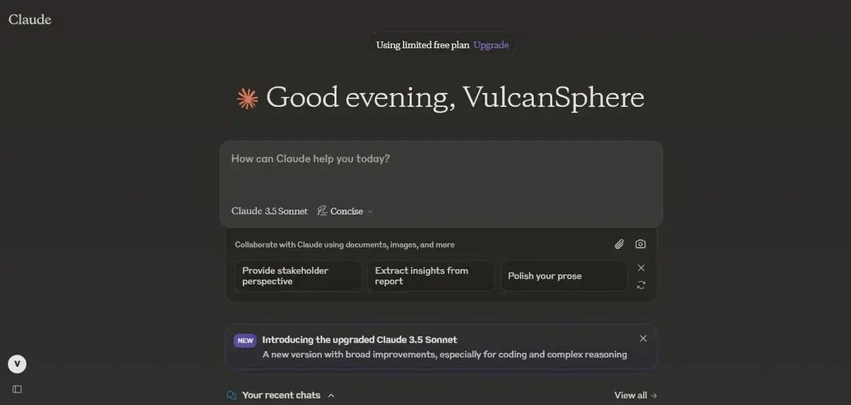 Screenshot of the Claude AI homepage with a greeting and prompt box.