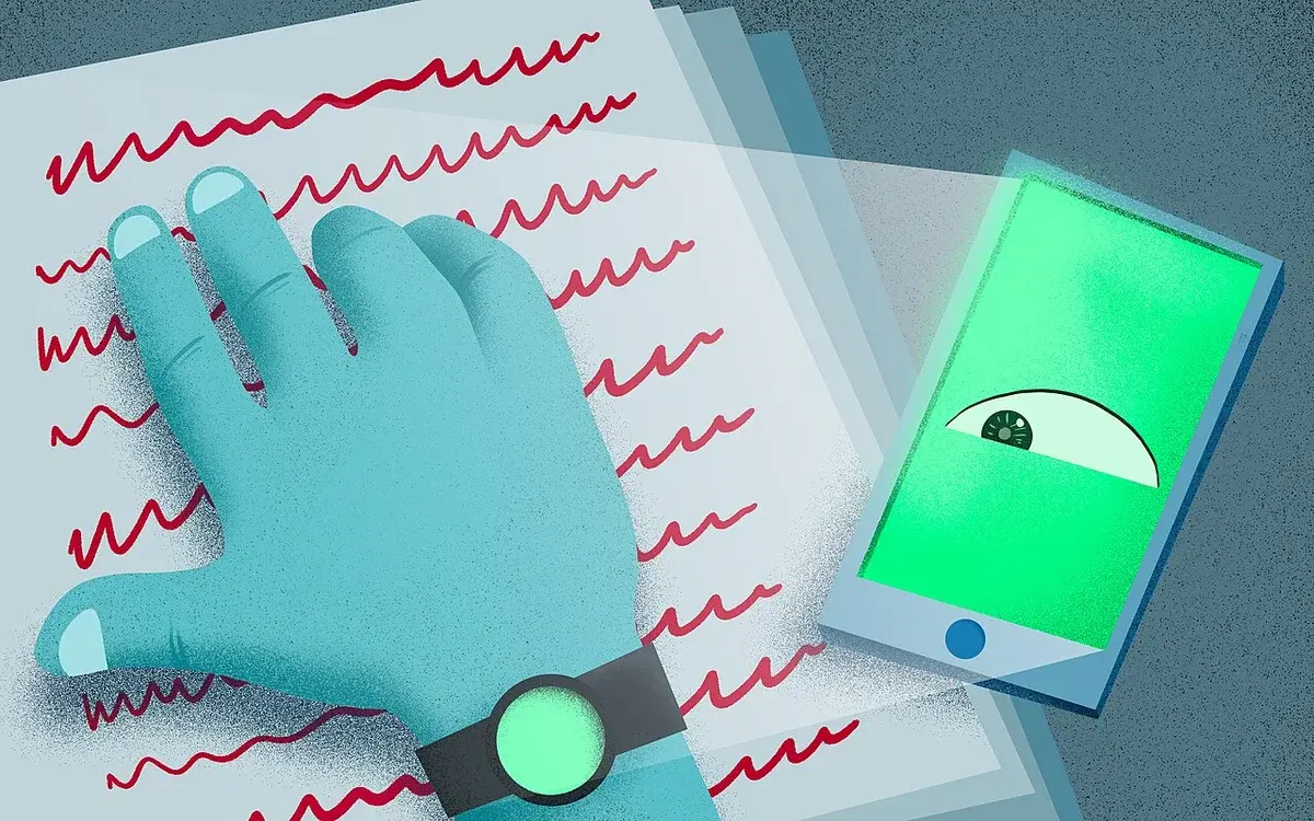 Illustration of a hand, papers, and a smartphone suggesting spyware surveillance.