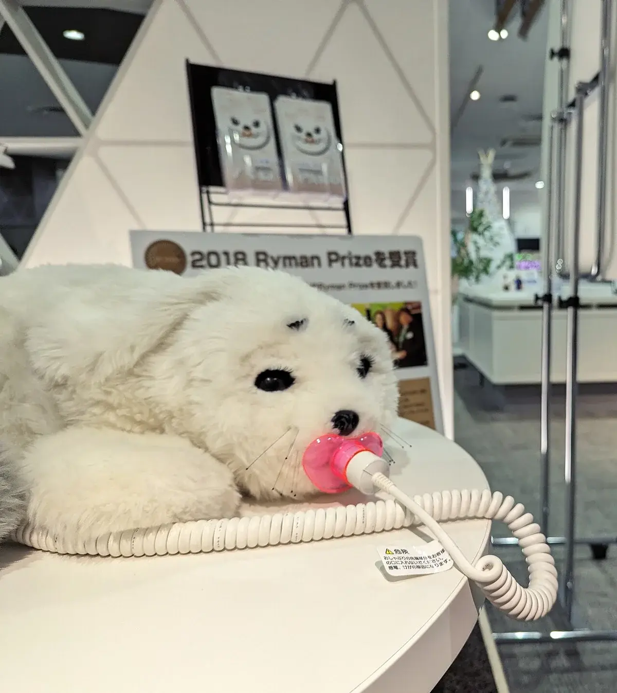 A PARO therapeutic seal robot displayed on a table at an exhibit.