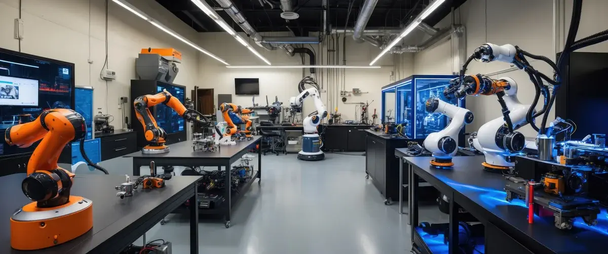 A futuristic robotics lab with several robotic arms and computer equipment.
