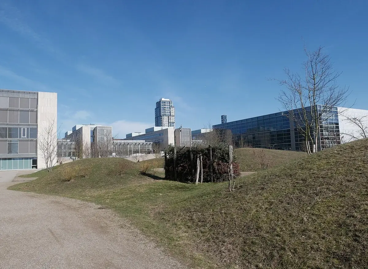 Artificial grassy mounds on the University of Copenhagen South Campus with modern buildings in the background.
