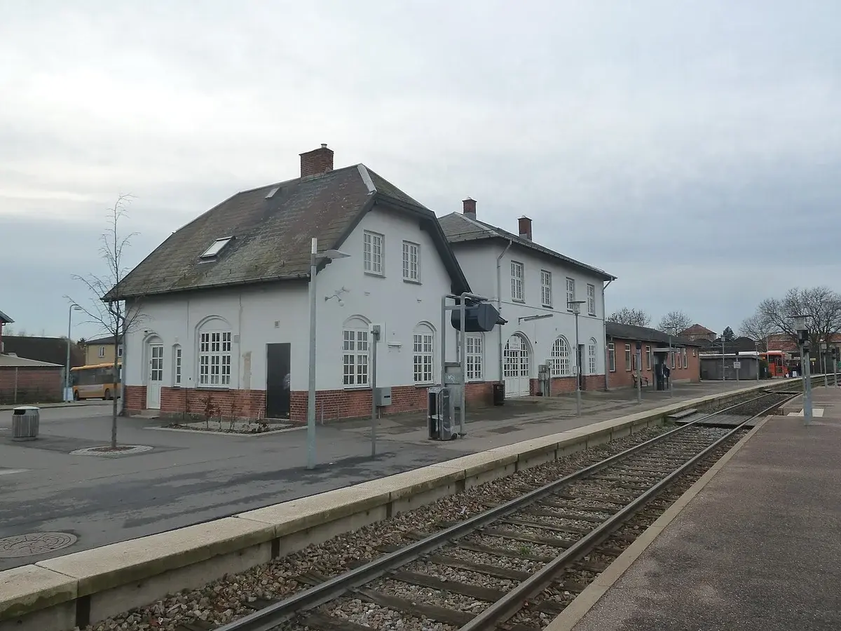 Close-up of Svinninge Station building and tracks in Denmark.