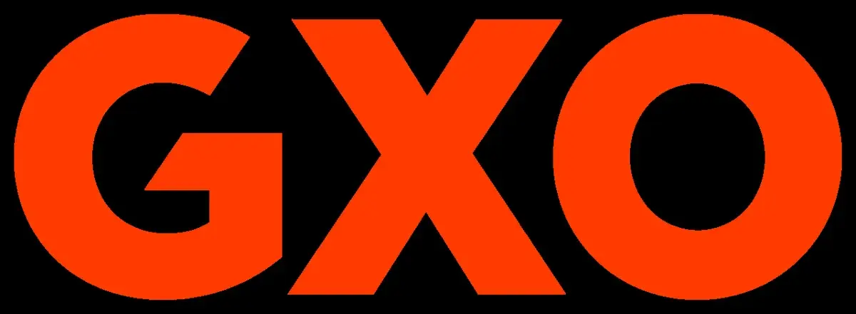 GXO Logistics logo in orange on a black background.