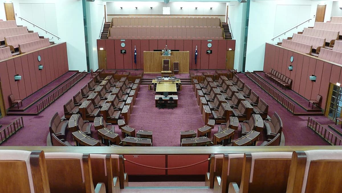Interior of the Australian Senate chamber in Canberra.