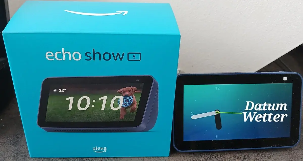 Amazon Echo Show 5 smart display beside its box.
