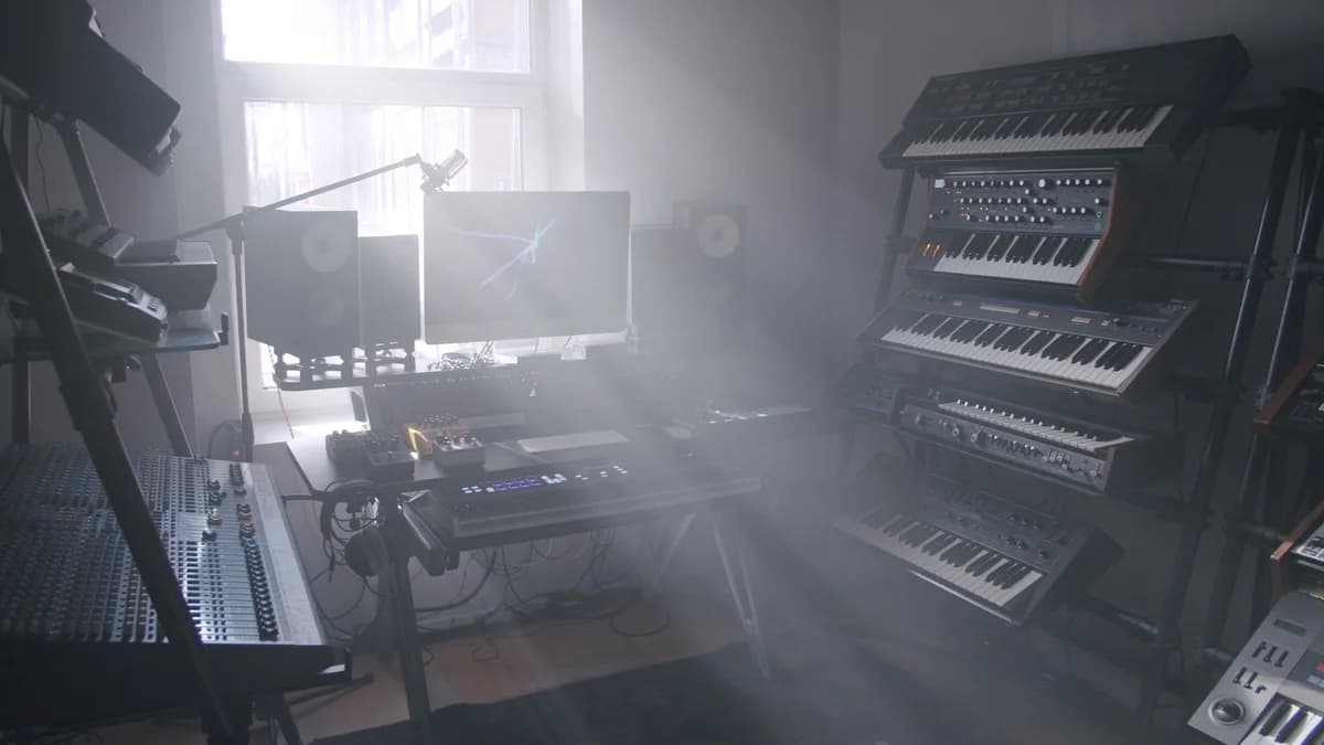 A music recording studio lit by soft morning sunlight.