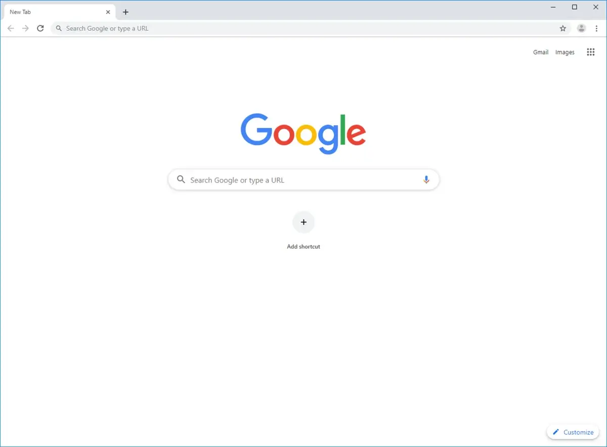 Google Chrome new tab page on Windows 10.
