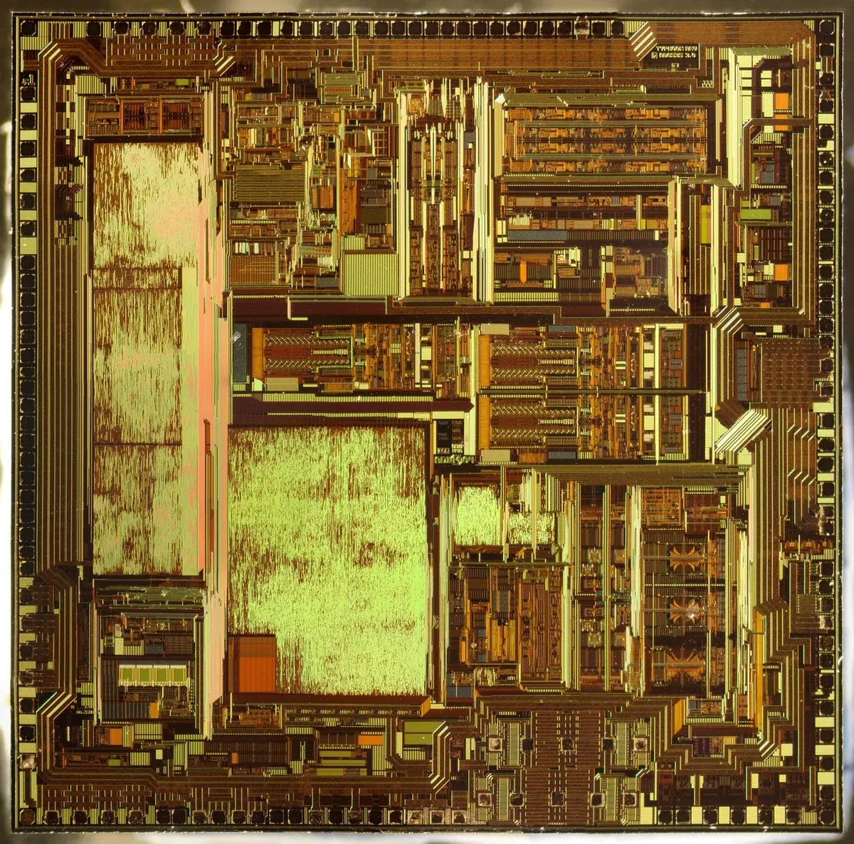 Close-up of an integrated circuit chip.