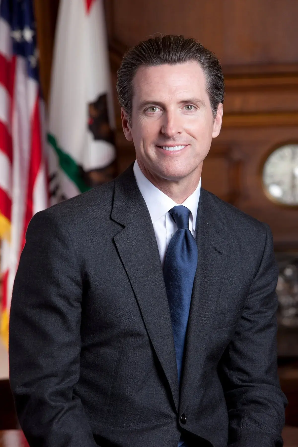 Formal portrait of Gavin Newsom in a suit with flags behind him.