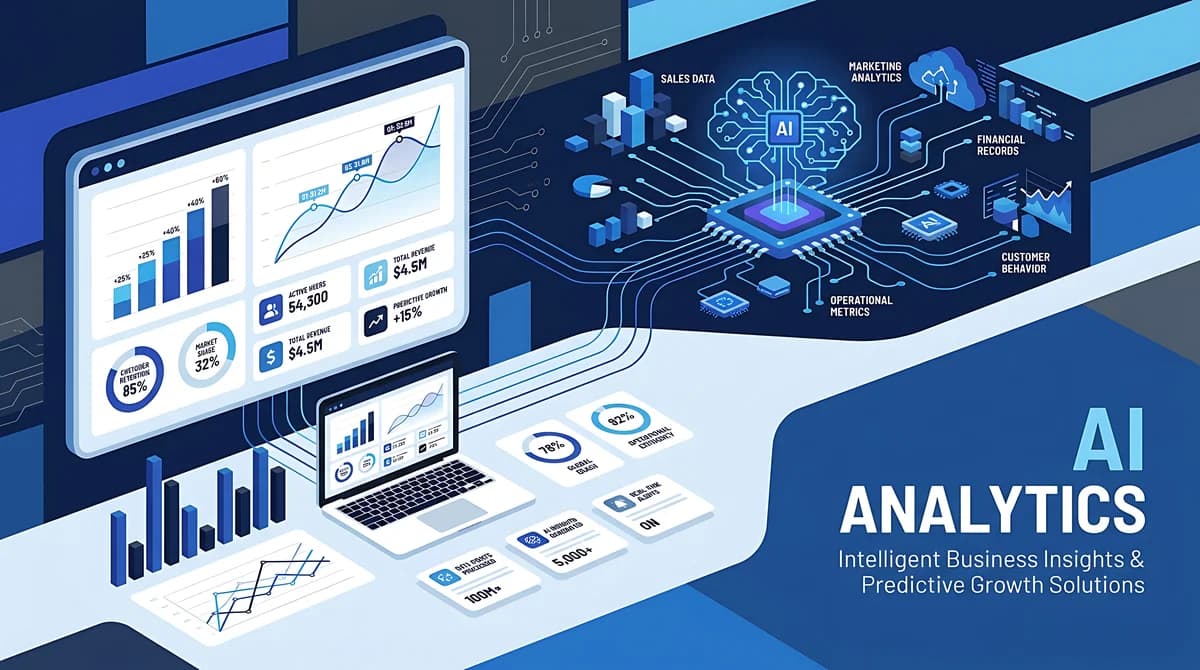 Illustration of AI analytics dashboards and business data connected to an AI chip.