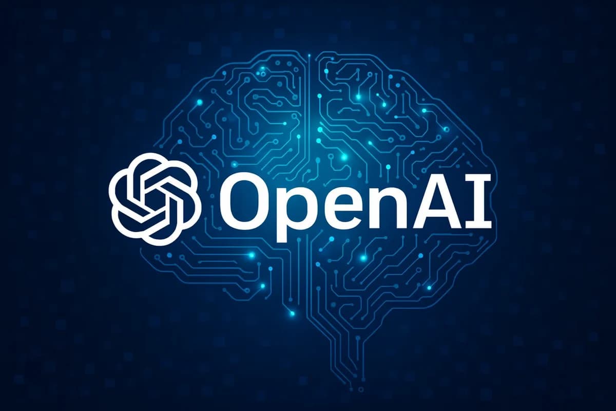 OpenAI logo over a glowing brain-shaped circuit network.